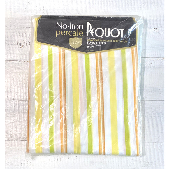 Vintage 1960s New Pequot Percale Twin Fitted Sheet Aurora Stripe Orange Yellow - Picture 2 of 12